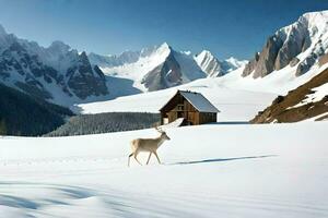 deer in the snow, mountains, cabin, person, nature, animals, animals in the. AI-Generated photo