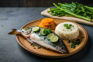 a plate with fish, rice and green beans on it. AI-Generated photo