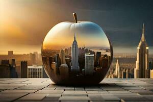 an apple with a cityscape in it. AI-Generated photo