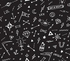 seamless pattern with hand drawn symbols on black background vector