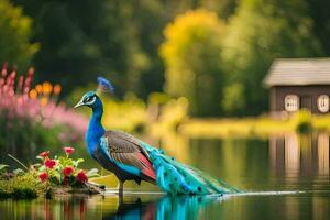 wallpapers peacock, wallpaper, water, lake, bird, flower, house, nature,. AI-Generated photo