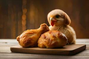 un pollo sentado en un de madera corte tablero con dos rollos de un pan. generado por ai foto