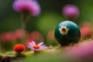 un verde huevo sentado en parte superior de un flor. generado por ai foto