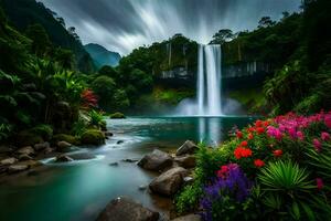 the waterfall is surrounded by colorful flowers and rocks. AI-Generated photo