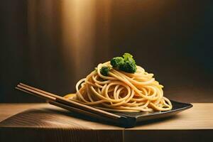 a plate of noodles with broccoli and chopsticks. AI-Generated photo