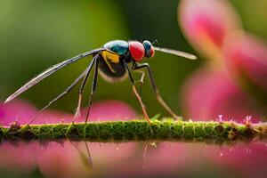 a fly with red eyes and black wings sitting on a plant. AI-Generated photo