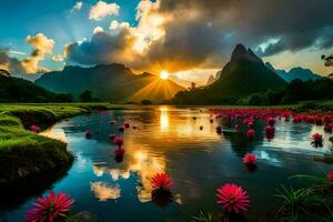 the sun rises over a lake with pink flowers and mountains in the background. AI-Generated photo