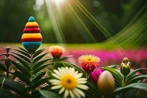 vistoso Pascua de Resurrección huevos en el jardín. generado por ai foto