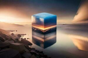 a cube with a sunset in the background. AI-Generated photo