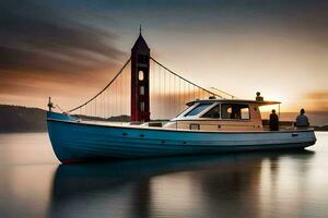 a boat is docked in front of the golden gate bridge. AI-Generated photo