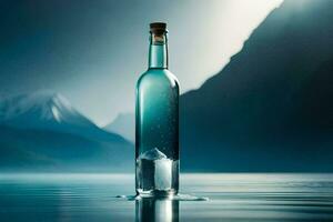 un botella de agua sentado en el agua con montañas en el antecedentes. generado por ai foto