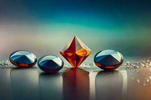 three blue and red spheres sitting on a table. AI-Generated photo
