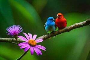 two colorful birds sitting on a branch with purple flowers. AI-Generated photo