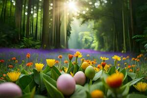 colorful flowers and eggs in a forest. AI-Generated photo