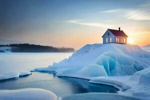 un casa en un iceberg en el medio de el océano. generado por ai foto