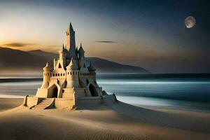 a sand castle on the beach at sunset. AI-Generated photo