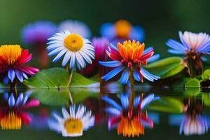 colorful flowers are reflected in the water. AI-Generated photo