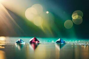 three diamonds are sitting on a surface with a bokeh effect. AI-Generated photo