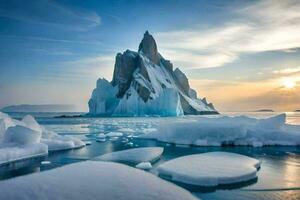 the sun sets over an iceberg in the arctic. AI-Generated photo