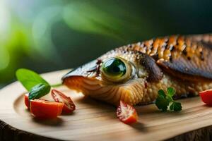 a fish with green eyes sitting on a wooden cutting board. AI-Generated photo