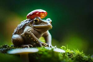 un rana con un rojo sombrero en sus cabeza. generado por ai foto