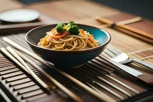 a bowl of noodles with broccoli and chopsticks on a wooden table. AI-Generated photo