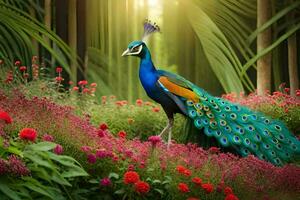 a peacock is standing in a lush green forest. AI-Generated photo