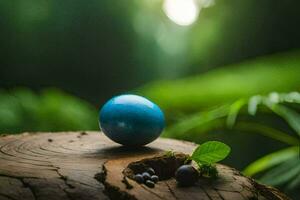 blue ball on a stump in the forest. AI-Generated photo