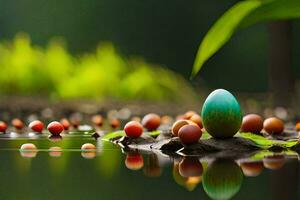 a colorful egg is sitting on the water with other fruit. AI-Generated photo