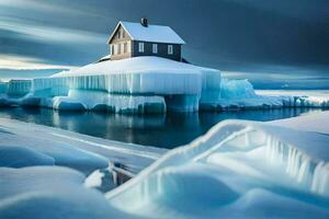 un casa en un iceberg en el medio de el océano. generado por ai foto