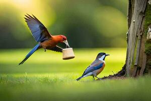 dos aves son alimentación cada otro un pedazo de un pan. generado por ai foto