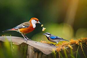 two birds are standing on a wooden fence. AI-Generated photo