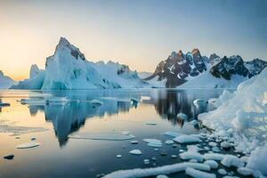 the sun sets over the ice and snow in the arctic. AI-Generated photo