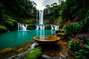 the waterfall is surrounded by lush green trees and flowers. AI-Generated photo