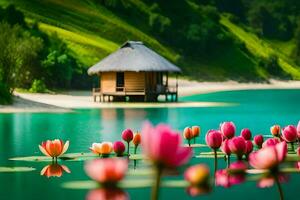 the beautiful landscape of the lake with pink lotus flowers and a hut. AI-Generated photo