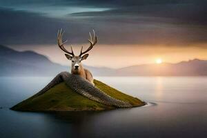 a deer with horns on top of a small island. AI-Generated photo