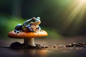 un rana se sienta en parte superior de un seta. generado por ai foto