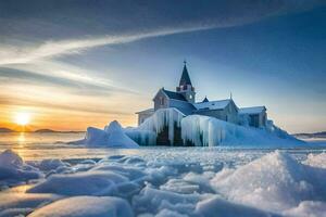 un Iglesia es rodeado por hielo y nieve. generado por ai foto