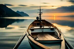 un barco es atracado en el agua a puesta de sol. generado por ai foto