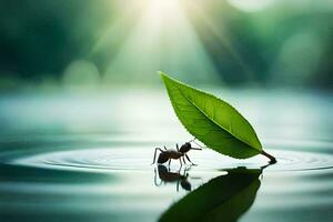 a small ant is standing on a leaf in the water. AI-Generated photo