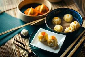 chinese food is served on a plate with chopsticks. AI-Generated photo
