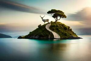 a deer stands on top of a small island in the middle of the ocean. AI-Generated photo