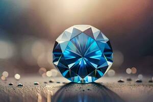 a blue diamond on a table with water drops. AI-Generated photo