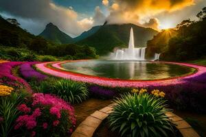 a beautiful garden with a waterfall and flowers. AI-Generated photo