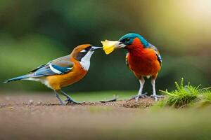 two colorful birds standing on the ground with a yellow flower in their beaks. AI-Generated photo