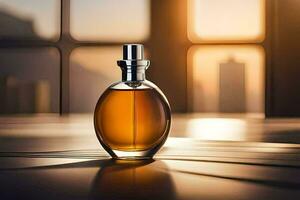 a bottle of perfume sitting on a table in front of a window. AI-Generated photo