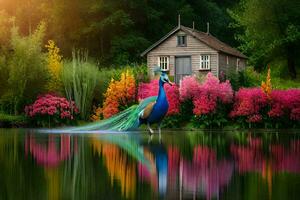 a peacock stands in front of a house with colorful flowers. AI-Generated photo