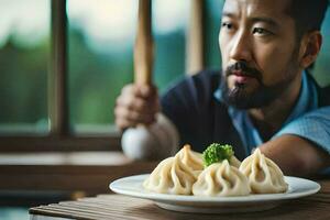 a man with a beard sitting at a table with some dumplings. AI-Generated photo