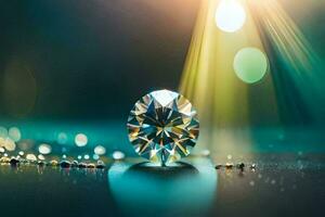 a diamond on a table with lights shining. AI-Generated photo