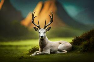 a white deer is sitting in the grass. AI-Generated photo